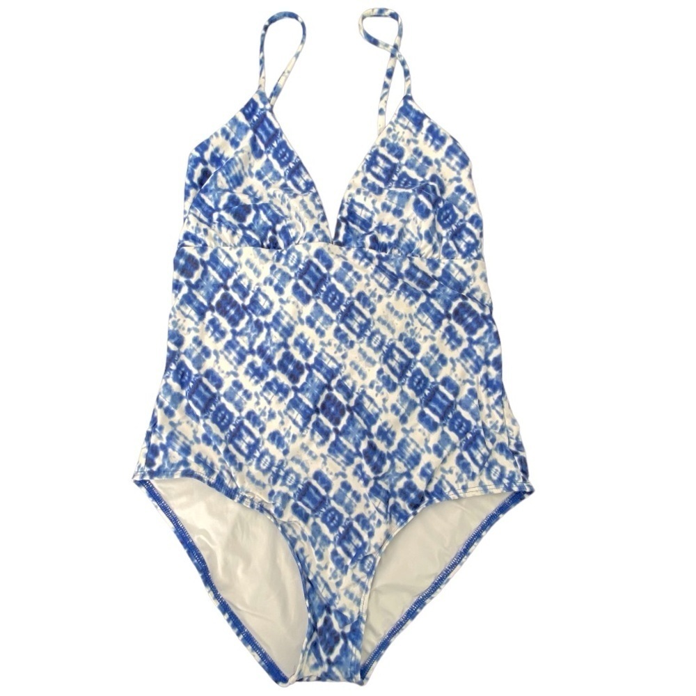Splendid tie dye geodesic boho blue and white one piece swim suit, Large